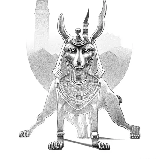 A Black-grey Tattoo Of The Egyptian God Anubis Standing Guard At The Entrance Of The Afterlife