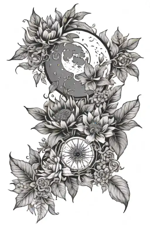 Botanical And Celestial With Moon And Sun Rising