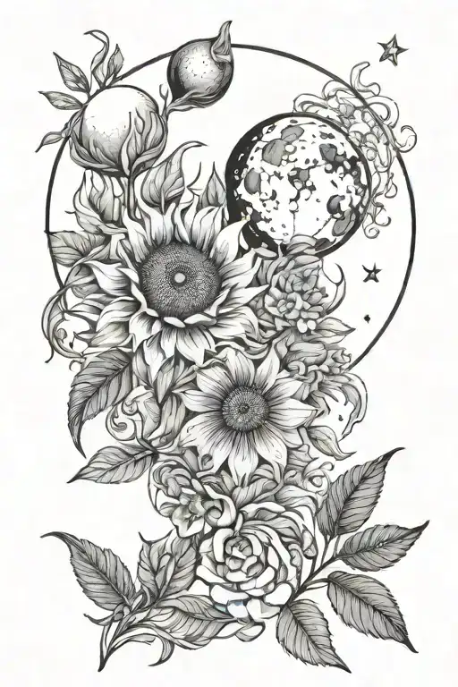 Botanical And Celestial With Moon And Sun Line Drawing