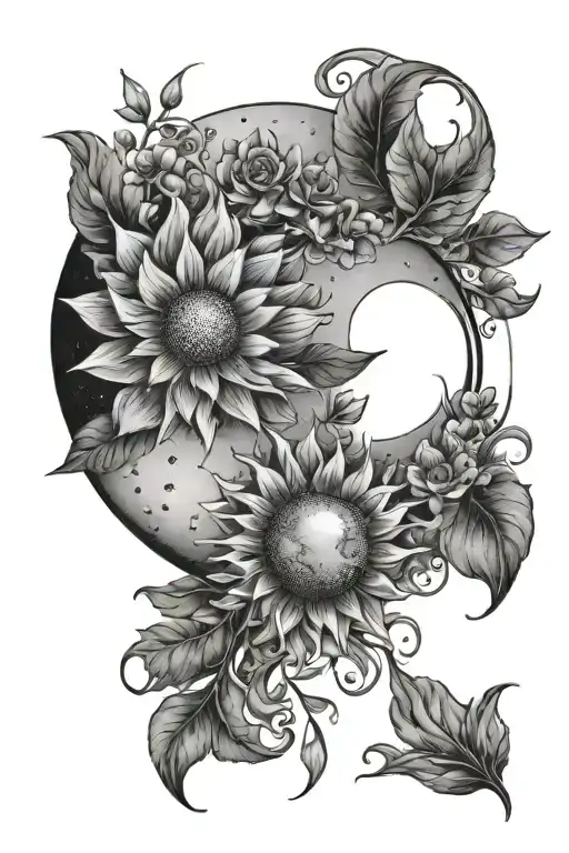 Moon And Sun Line Drawing With Floral Detail