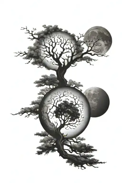 Sun And Moon On Either Side Of Tree Sillhouette