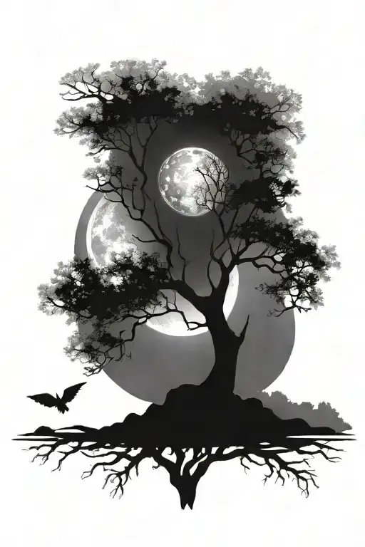 Sun And Moon On Either Side Of Tree Sillhouette