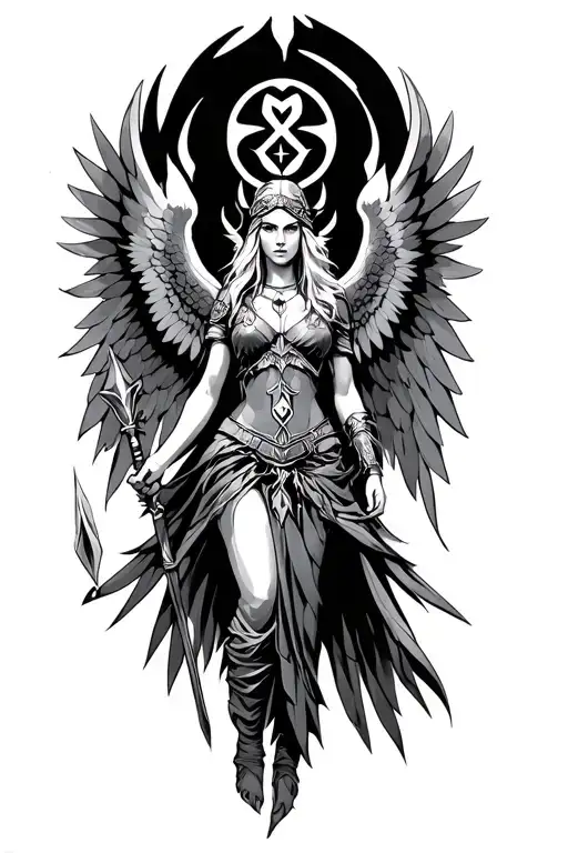 Valkyrie With Wings And Spear In One Hand Freya Rune On Face Aegishjalmur Symbol Above Valkyrie