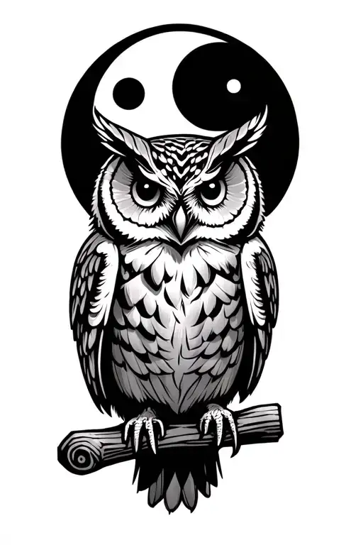 Owl Sitting On A Wooden Stick With A Moon In The Background In A Old School Traditional Style