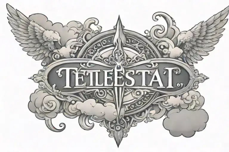 The Word Tetelestai In The Center Surrounded By Clouds
