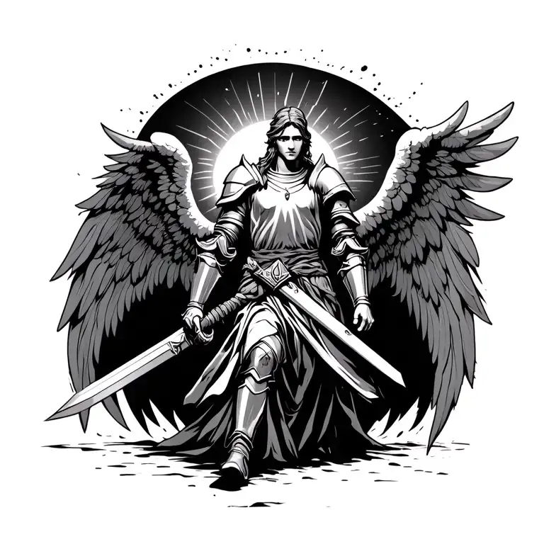 Angel With Wings Wearing Armor Weilding A Sword Walking Toward The Sun