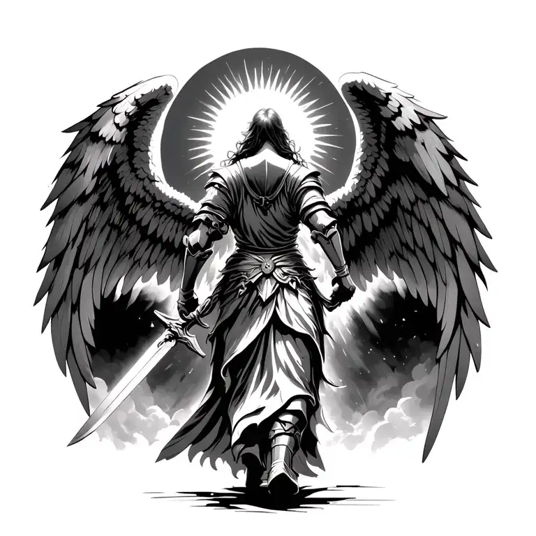 Angel Facing Away With Wings Wearing Armor Weilding A Sword Walking Toward The Sun
