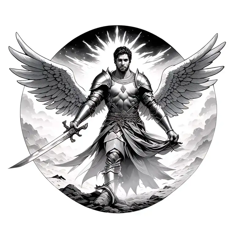 Man Angel With Wings Wearing Armor Weilding A Sword Haeding Down The Road Toward The Light