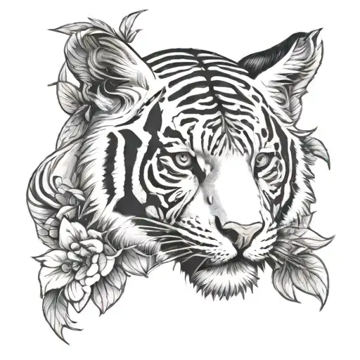 White Tiger With Red Flowers