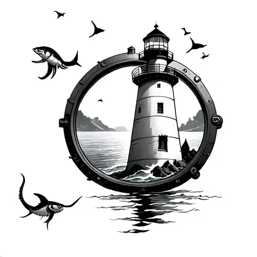 Lighthouse With Porthole In The Behind It And Sea Creatures Swimming By