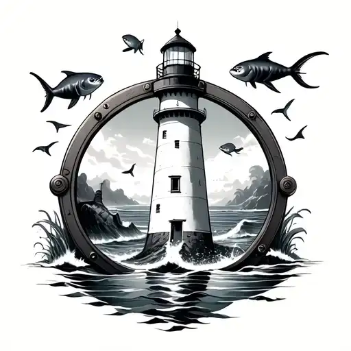 Lighthouse With Porthole In The Behind It And Sea Creatures Swimming By