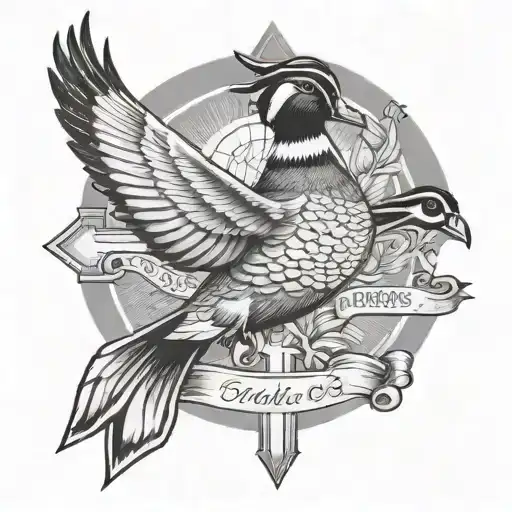 Woodduck Flying In The Background Of A Cross With A Verse