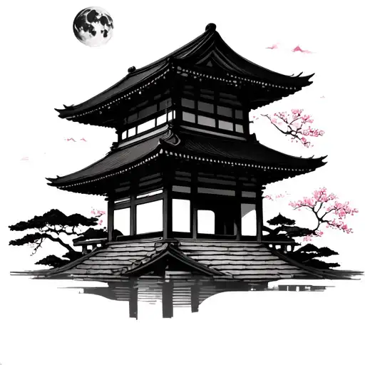 Japanese Temple With Japanese Cherry And Moon
