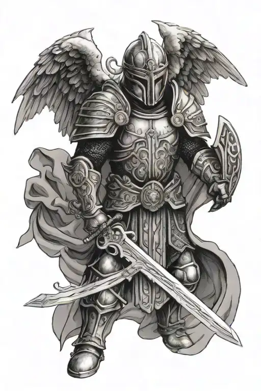 Armoured Guardian Angel With Sword Buried In Ground Standing Guard