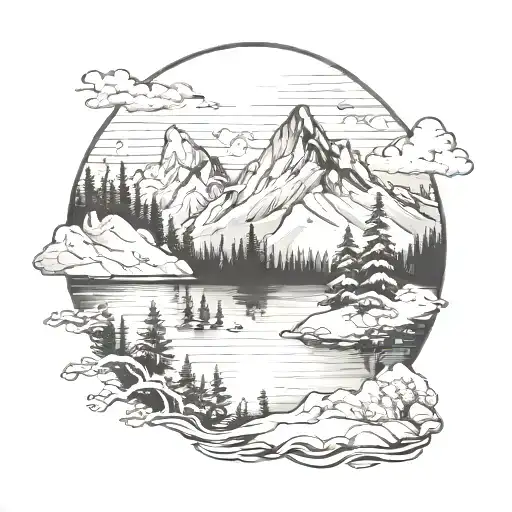 Snowy Mountain Scene With Lake And Forest