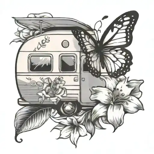 Camper With A Lily Flower Blooming And A Butterfly
