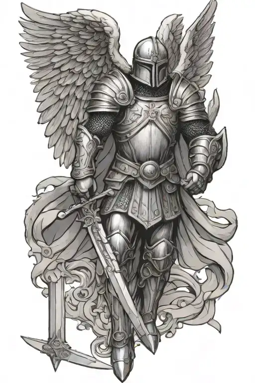 Armoured Guardian Angel With Sword Tip Stabbed In Ground Standing Guard