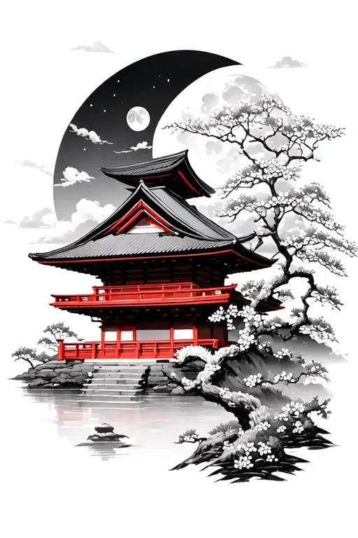 Japanese Temple With Japanese Cherry And Moon