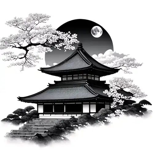 Japanese Temple With Japanese Cherry And Moon