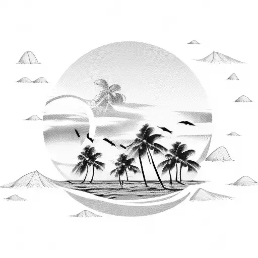 A Beach Landscape With Palm Trees And Waves