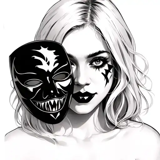 Face Of A Blonde Female With Vampire Fangs Holding A Mask In Front Of Her