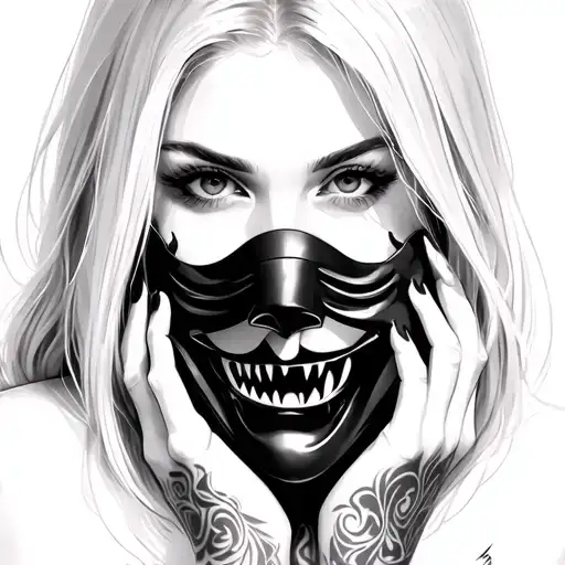 Face Of A Blonde Female With Vampire Fangs Holding A Mask In Front Of Her