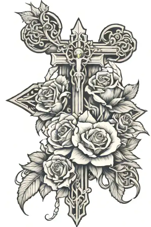Cross And Jesus Roses Intertwined
