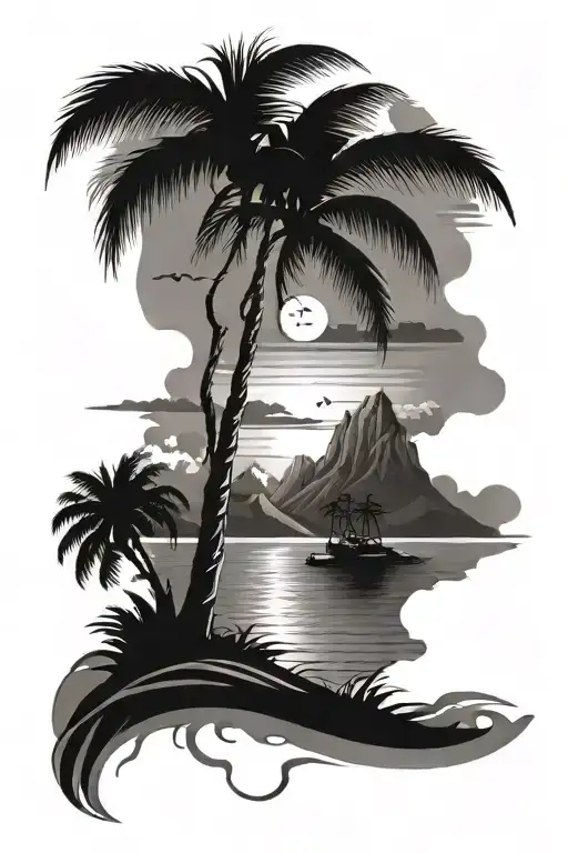 Palm Tree Mountain Ocean Scene