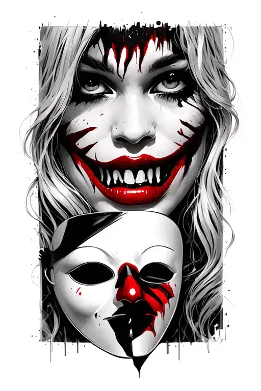 Face Of A Blonde Female With Vampire Fangs Holding A Mask In Front Of Her Bellow Red Lips