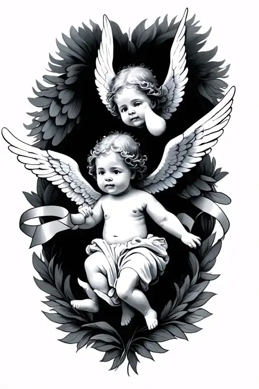 Two Flying Baby Angels With Ribbon