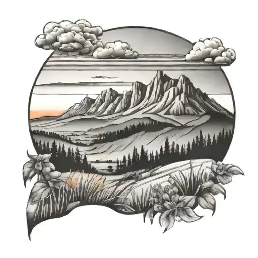 Tatto Of Summer Field Durning Sunset And Mountains