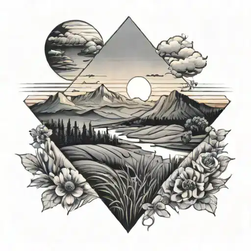 Tatto Of Summer Field Durning Sunset And Mountains And Shadow In The Corners