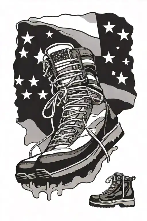 Black And Whit Hiking Shoes And A Small Coloured American Flag