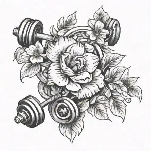 Floral Tattoo With Barbell And Dumbbell Intertwined
