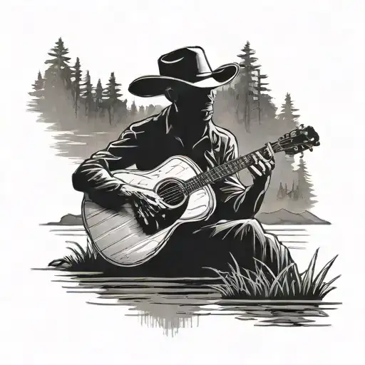A Silhouette Of A Cowboy Playing A Guitar By A Tranquil Lake