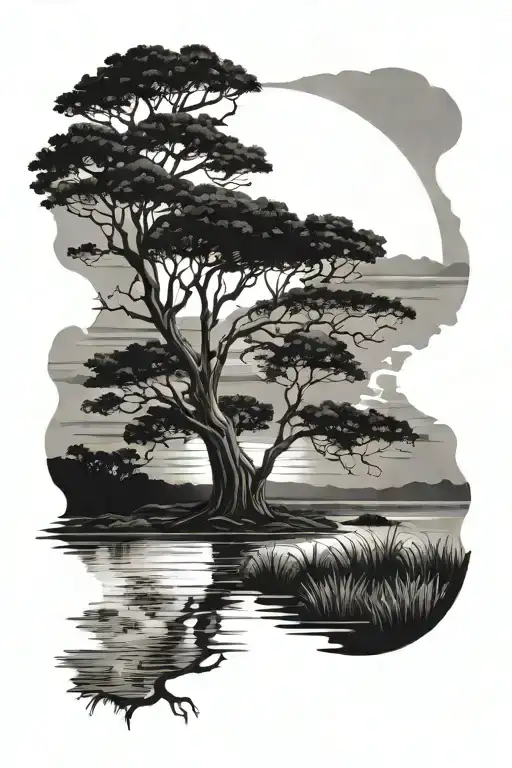 Savannah Landscape Sunset With Tree And Water