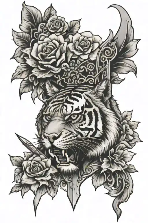 Half Tiger Face Surrounded By Flowers And Sword Intertwined