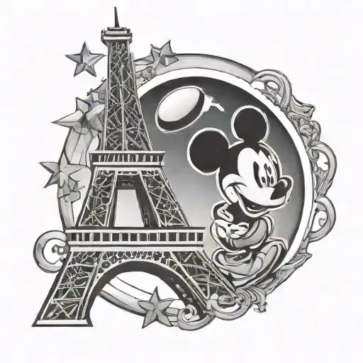 The Eiffel Tower With Mickey Mouse Outline And A Square Ring Beside It