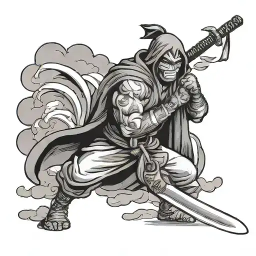 A Samaruai Holding A Katana Dressed As A Superhero With Clouds And Smoke Behind Him