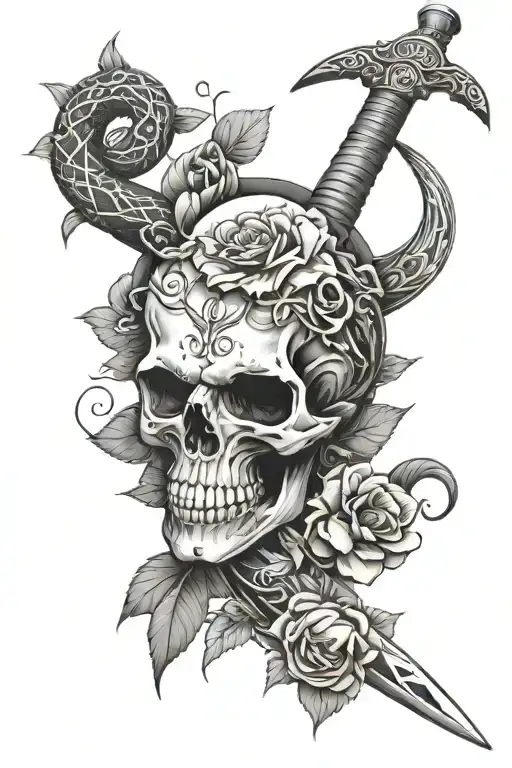 Skull Sword And Snake Surrounded By Flowers Intertwined