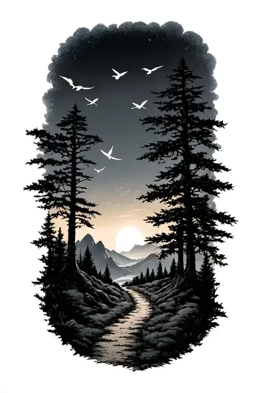 Pathway Trees Mountains Sunset Birds