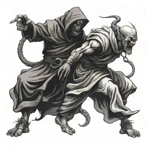 A Demon Fighting A Hooded Monk