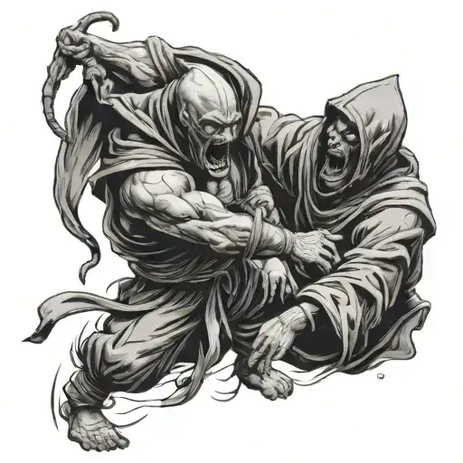 A Demon Fighting A Hooded Monk