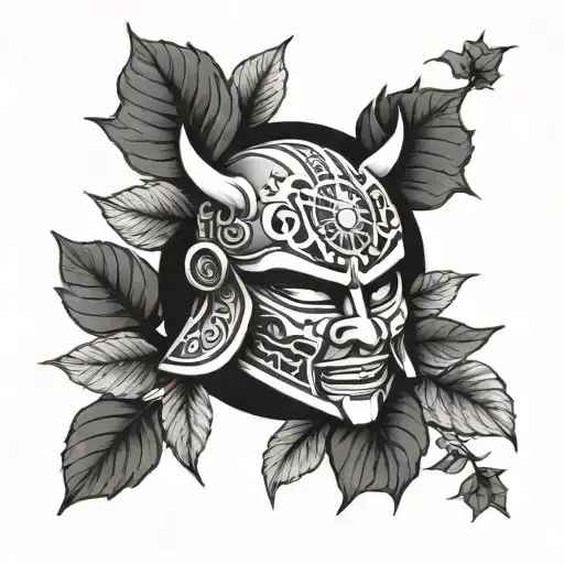 A Sun With Mandarin Letters With A Samurai Helmet And A Radium Around It With Leaves