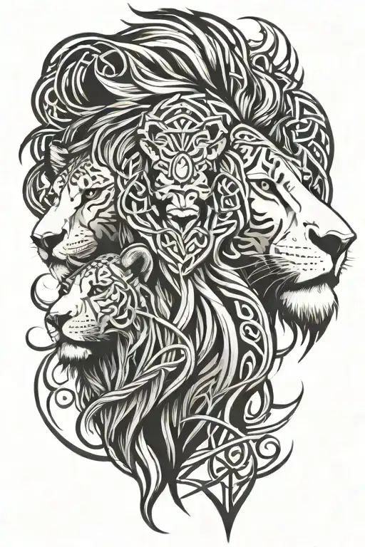 Black Ink Lion Pride With Two Cubs Face Only With Colored Eyes And Celtic Knot Weaved Through Faces