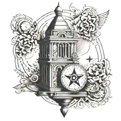 Square And Compass Massonic Symbil With The Babel Tower In The Middle