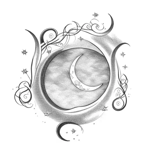 Simple Crescent Moon And Stars With Swirls Or Vines