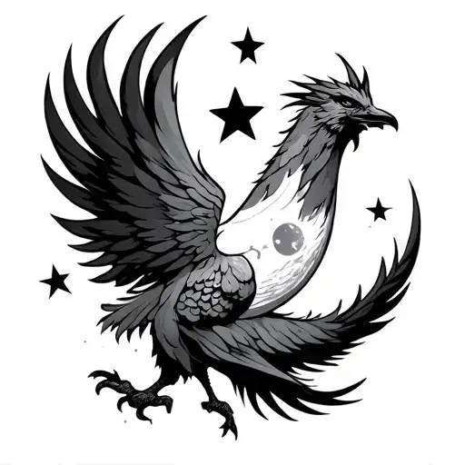 Phenix With Moon And 3 Stars Shining