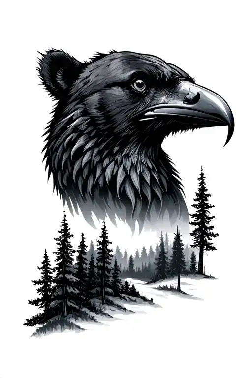 Raven And Bear Head With Forest Landscape Tattoo Design