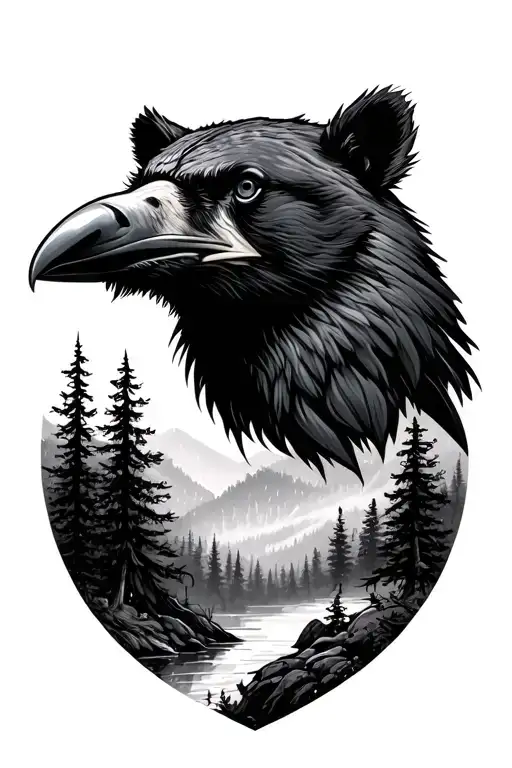 Raven And Bear Head With Forest Landscape Tattoo Design